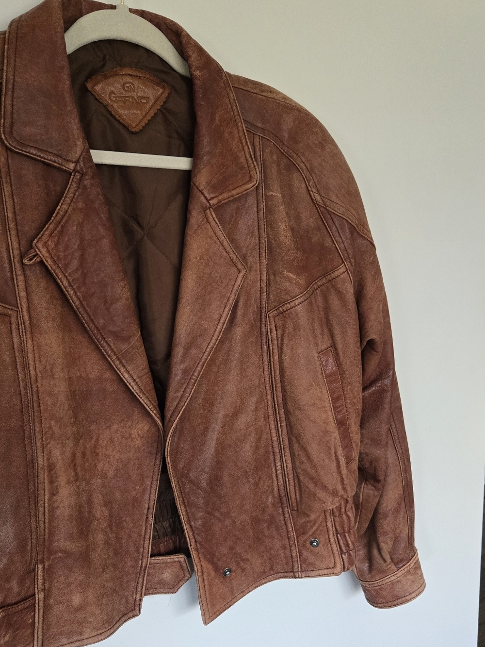 Vintage Style Brown Leather Jacket Distressed Patina Italy Buttons - Picture 4 of 10